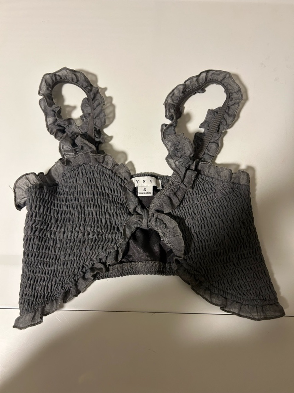 HYFVE Gray Smocked Crop Top with Ruffle Tie